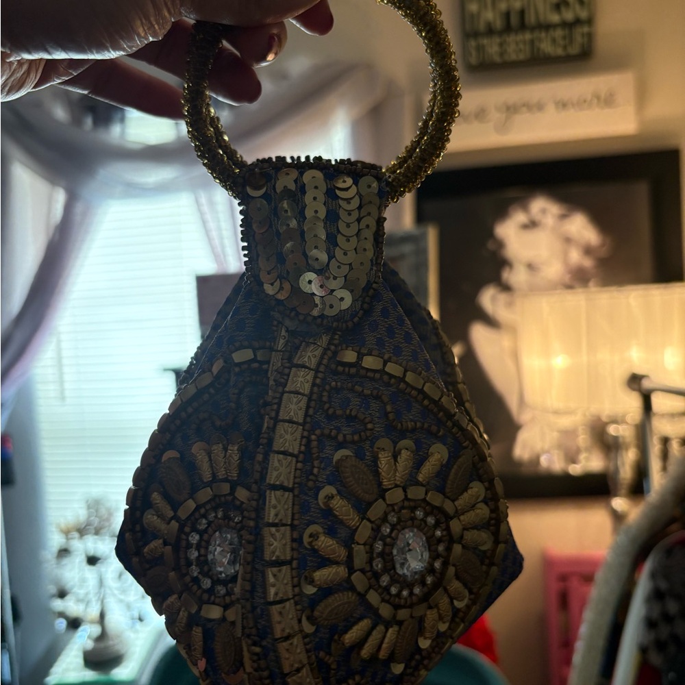 Victorian Blue and Gold Lace Handbag